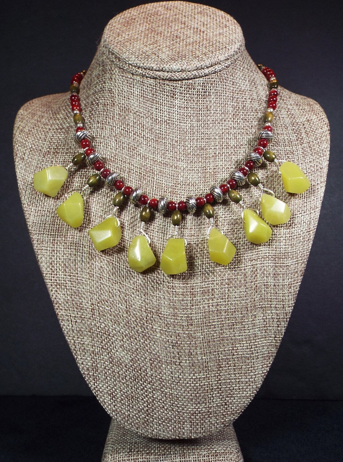 Green & Burgundy New Jade Gemstone Necklace