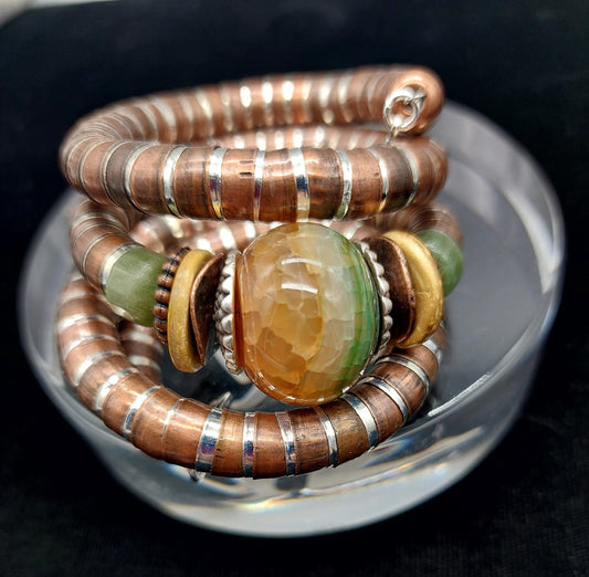 Honey color and moody green agate wrap bracelet