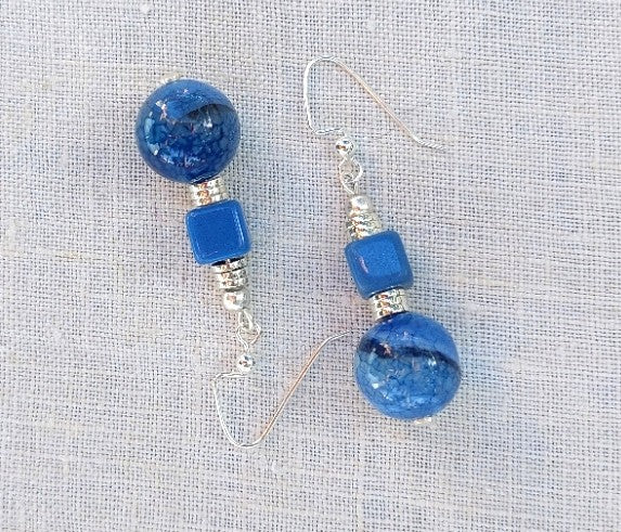 True Blue Agate Semiprecious Gemstone & Vintage Bead Earrings