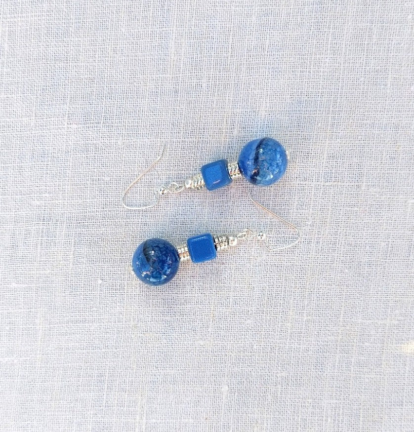 True Blue Agate Semiprecious Gemstone & Vintage Bead Earrings