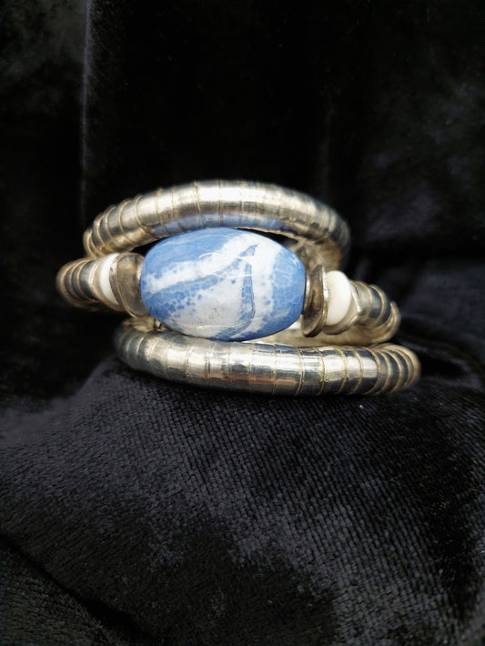 Bold blue and white oval agate gemstone wrap bracelet, One size fits most.