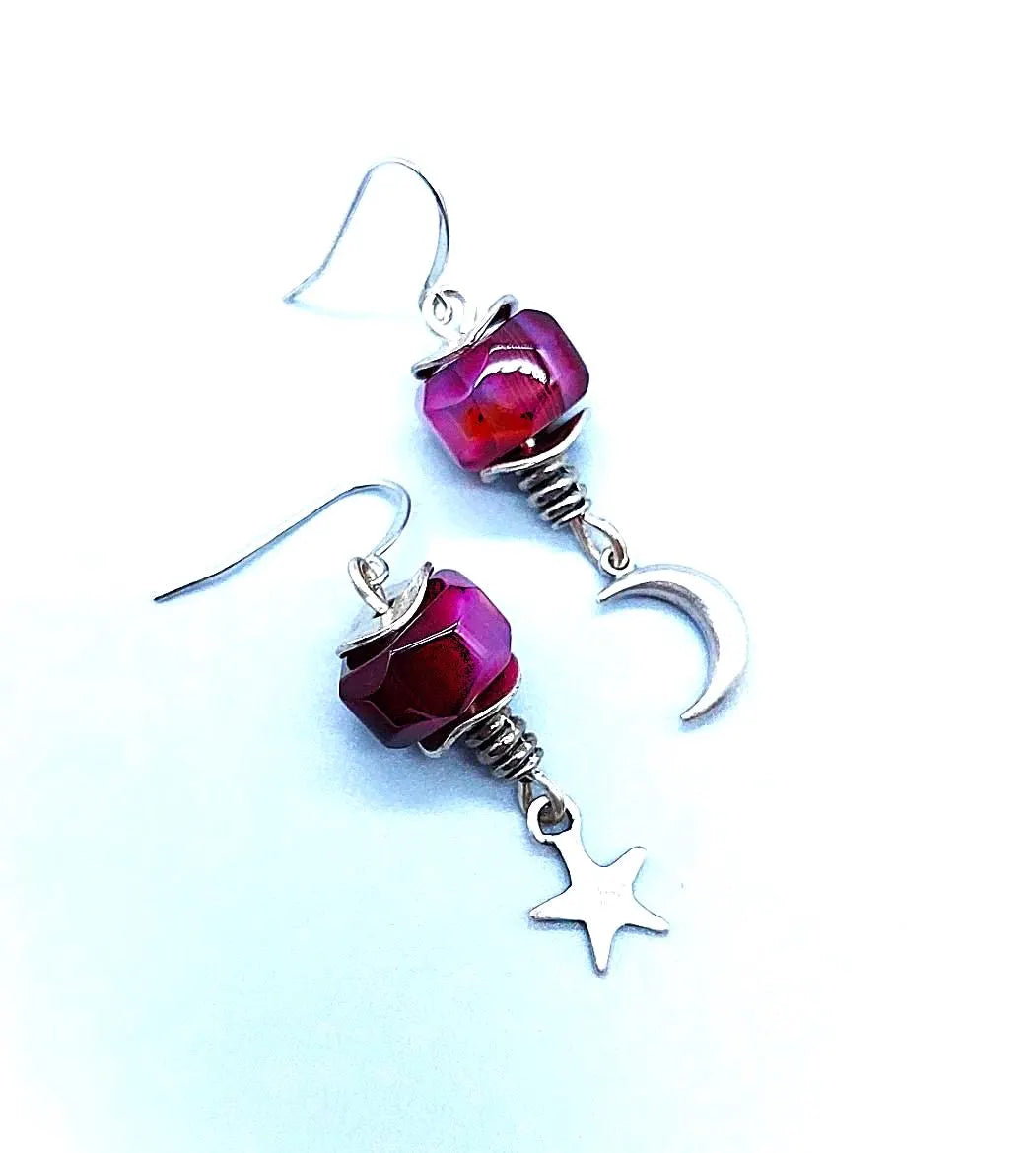 Twinkle Twinkle Stars& Moon Purple Agate Earrings