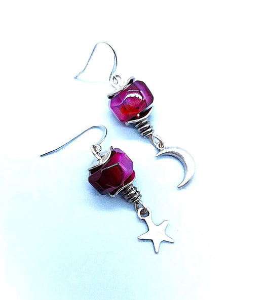 Twinkle Twinkle Stars& Moon Purple Agate Earrings