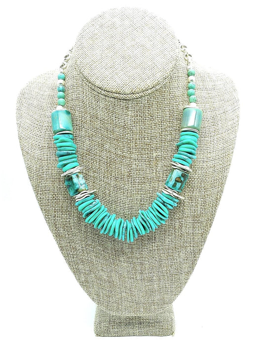 Green Howlite Coin Disc Necklace with Silver Plated Beads