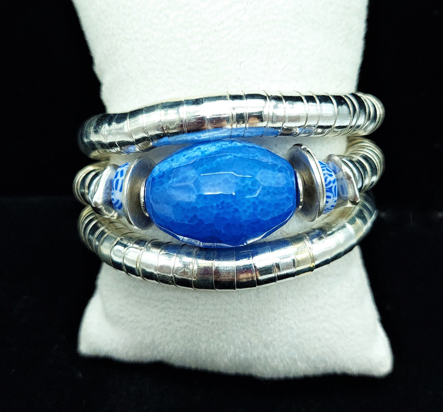 Bold cornflower blue agate gemstone wrap bracelet. One size fits most