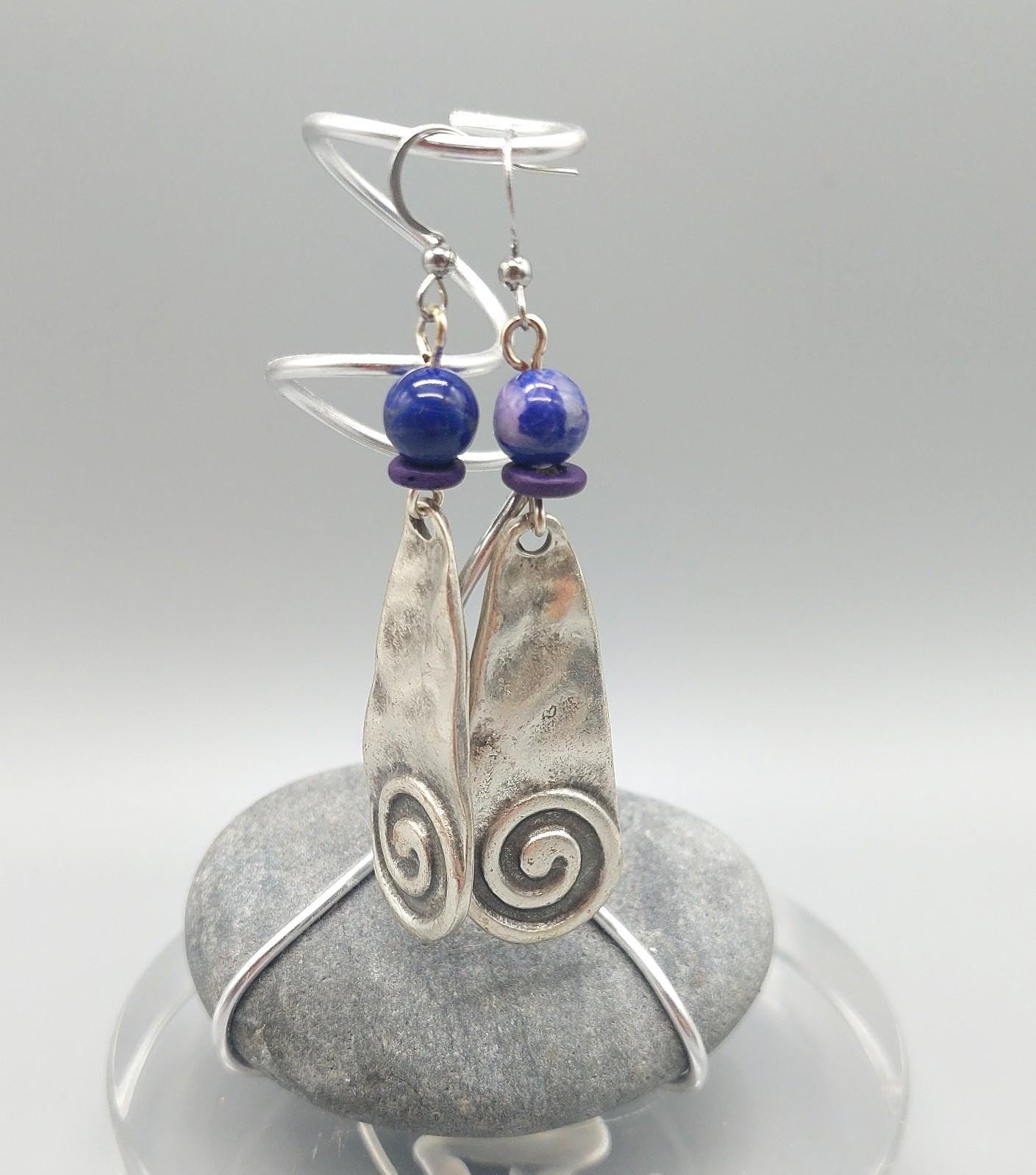 Twilight Swirl Sodalite Gemstone and Silver Zamak Earrings