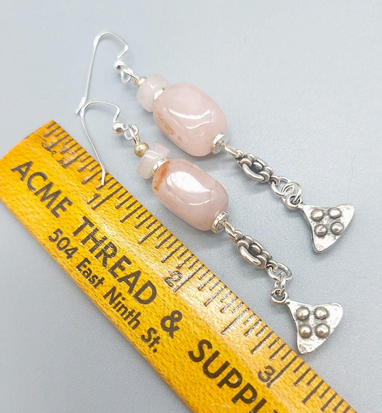 Pale Pink Quartz and Zamak Silver Charm Earrings