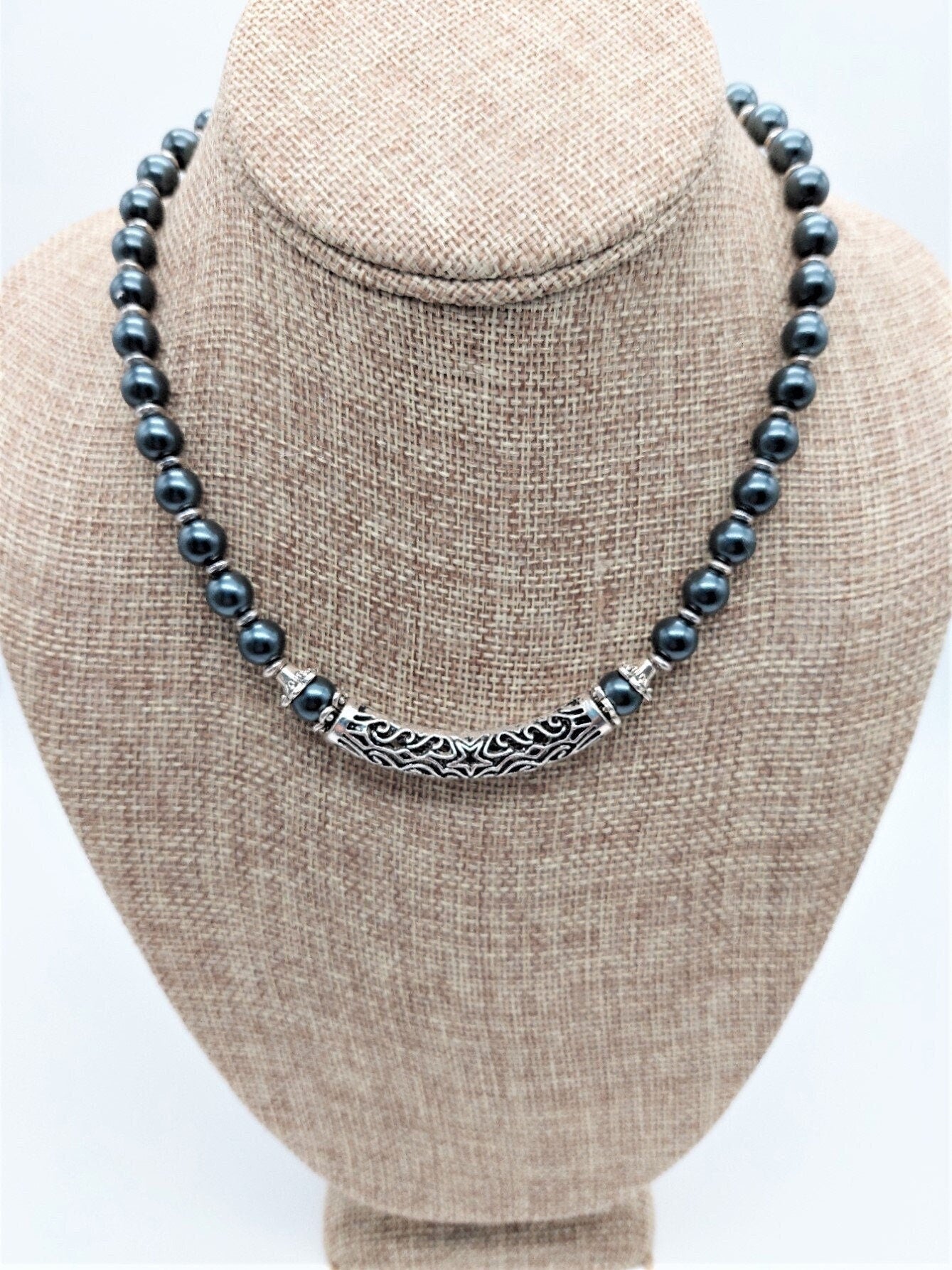 Black glass pearl with silver scroll focal necklace