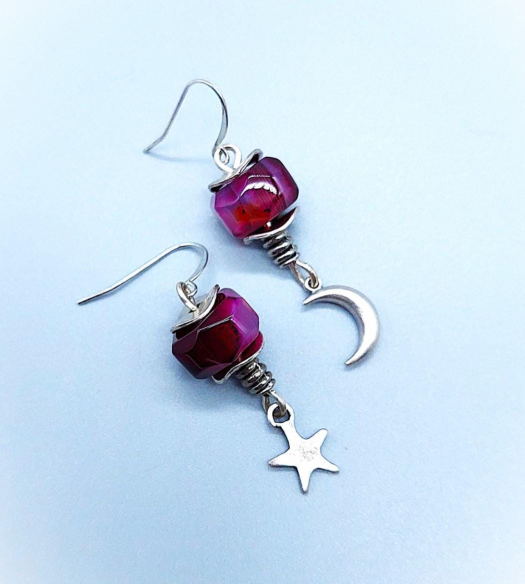 Twinkle Twinkle Stars& Moon Purple Agate Earrings