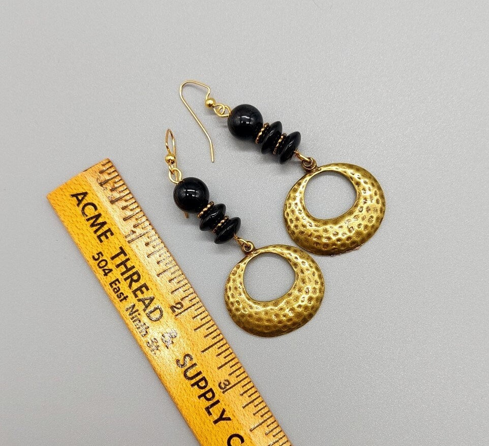 Hammered antiqued gold and black dangle earrings