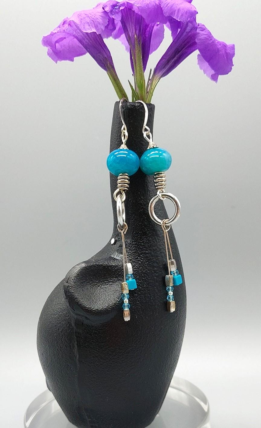 Turquoise Agate Gemstone Bead and Dangle Drop Earrings with Silver Accents