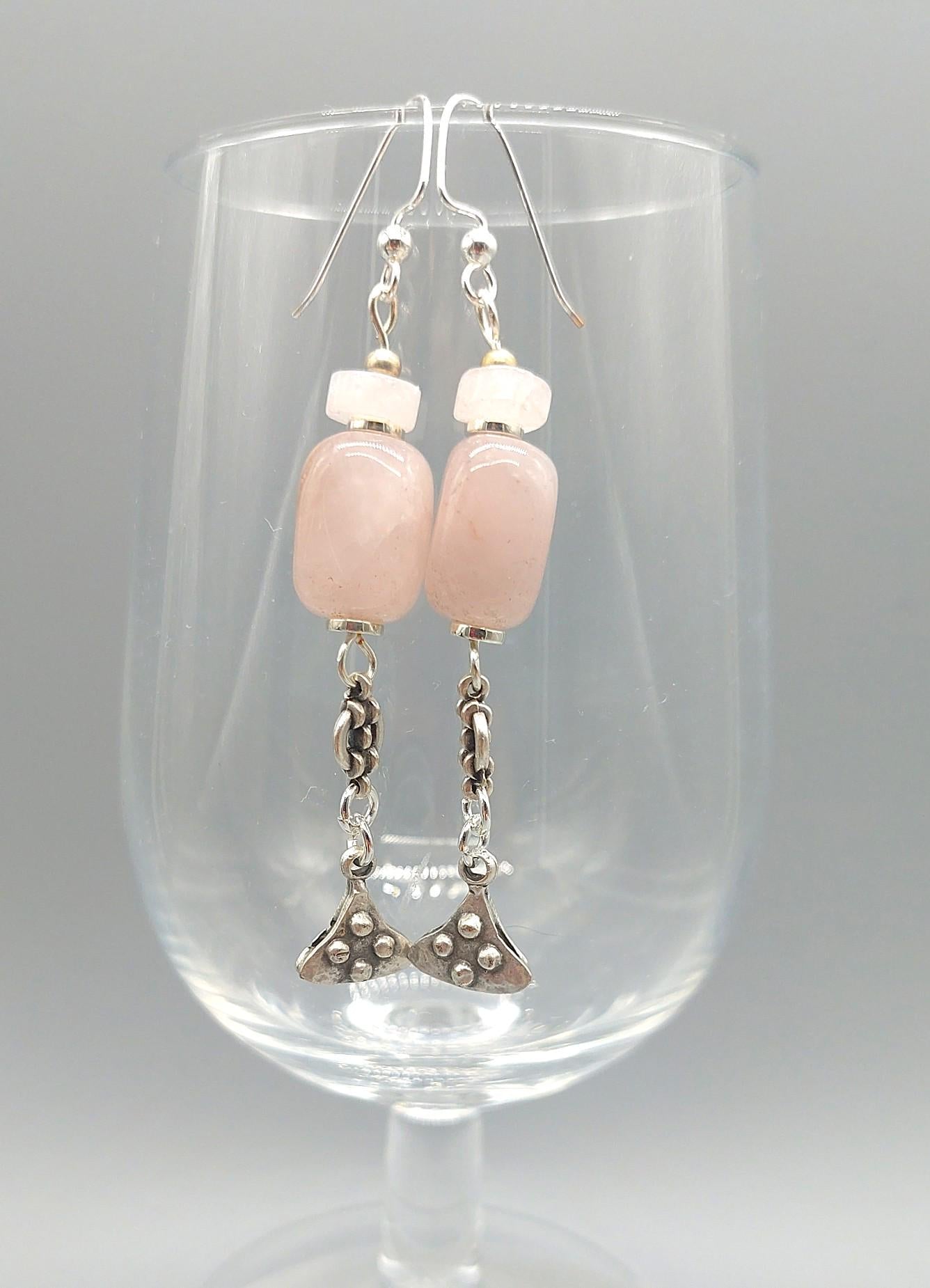Pale Pink Quartz and Zamak Silver Charm Earrings