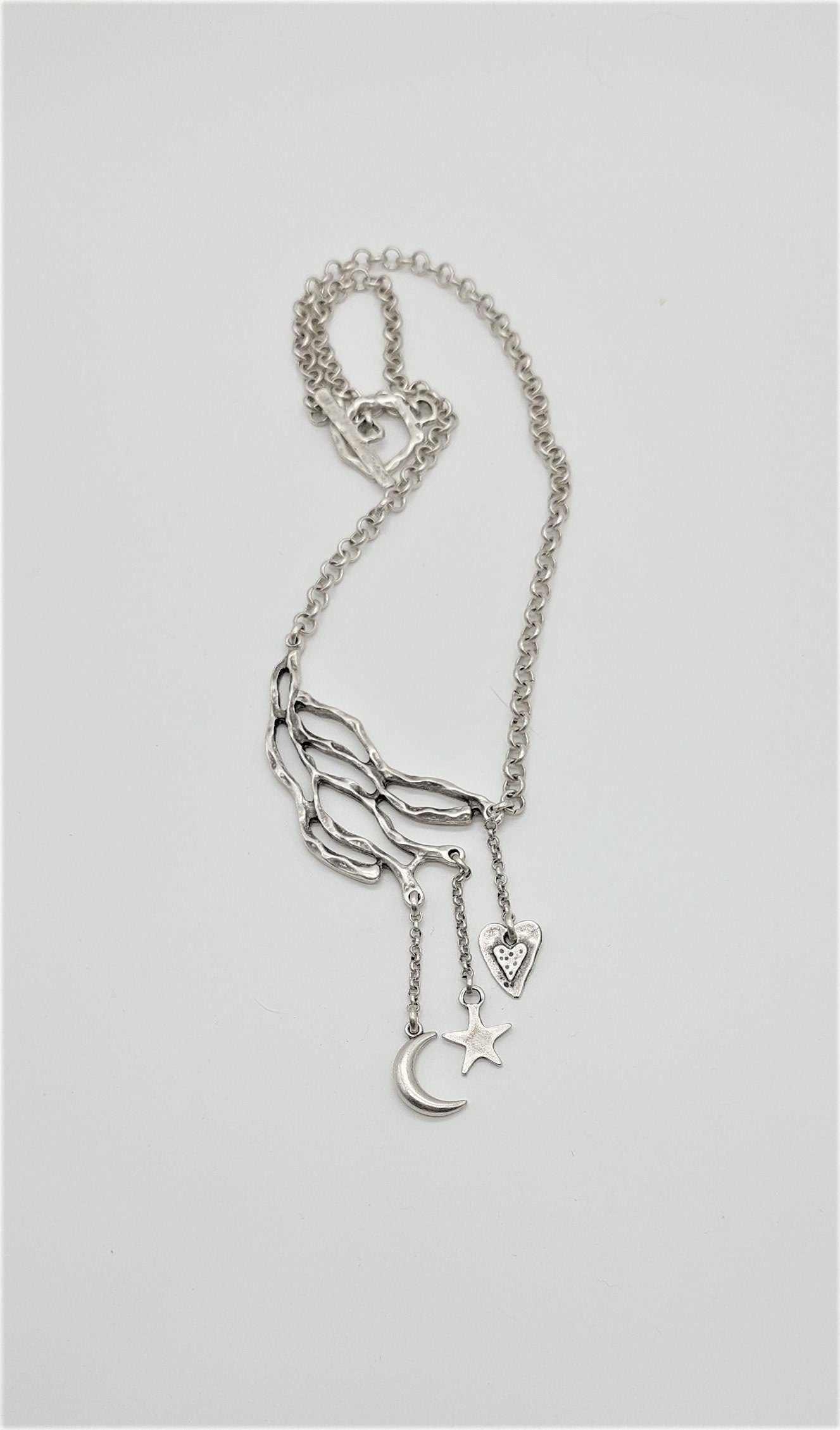 Asymmetrical Silver Heart Stars & Moon Necklace