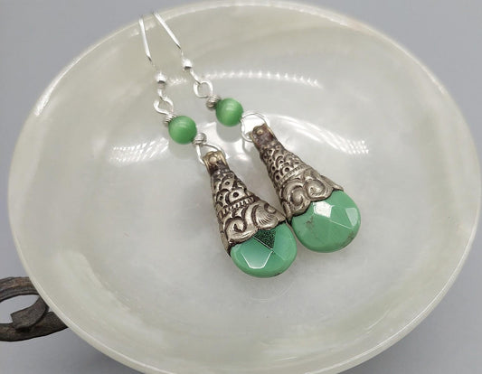 Green Tibetan Boho Drop Earrings