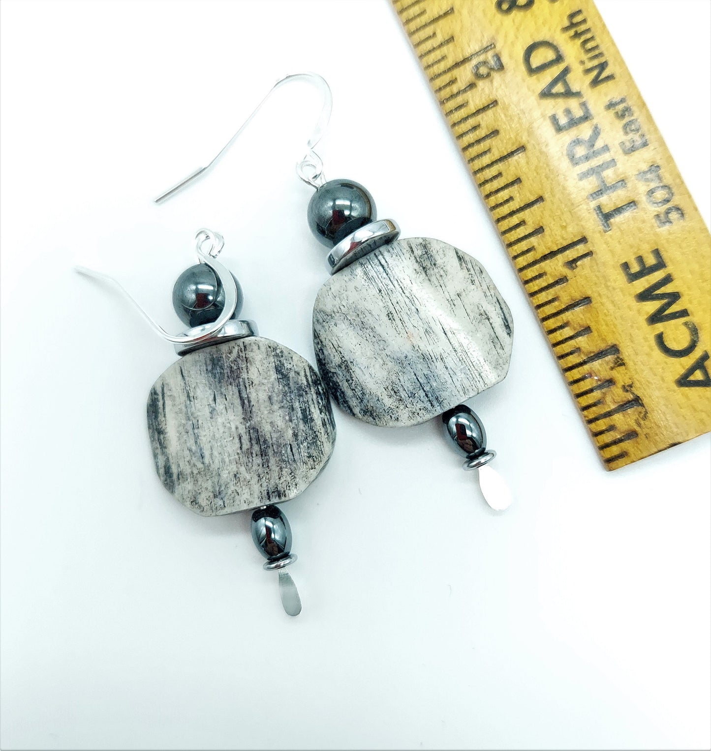 Grey carved bone earrings; gift him her they; Winged Penny Designs