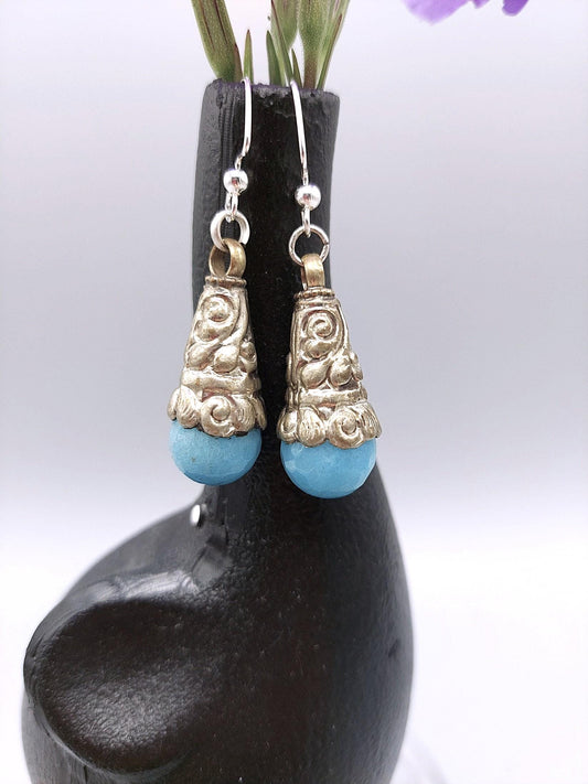 Bold Light Blue Tibetan Ethnic Drop Earrings