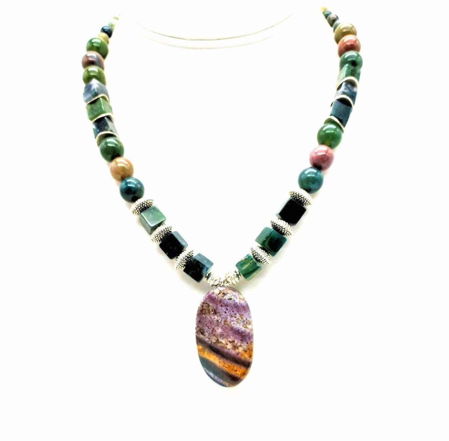 Green and Burgundy Stripe Jasper Pendant Necklace