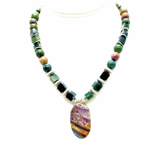 Green and Burgundy Stripe Jasper Pendant Necklace