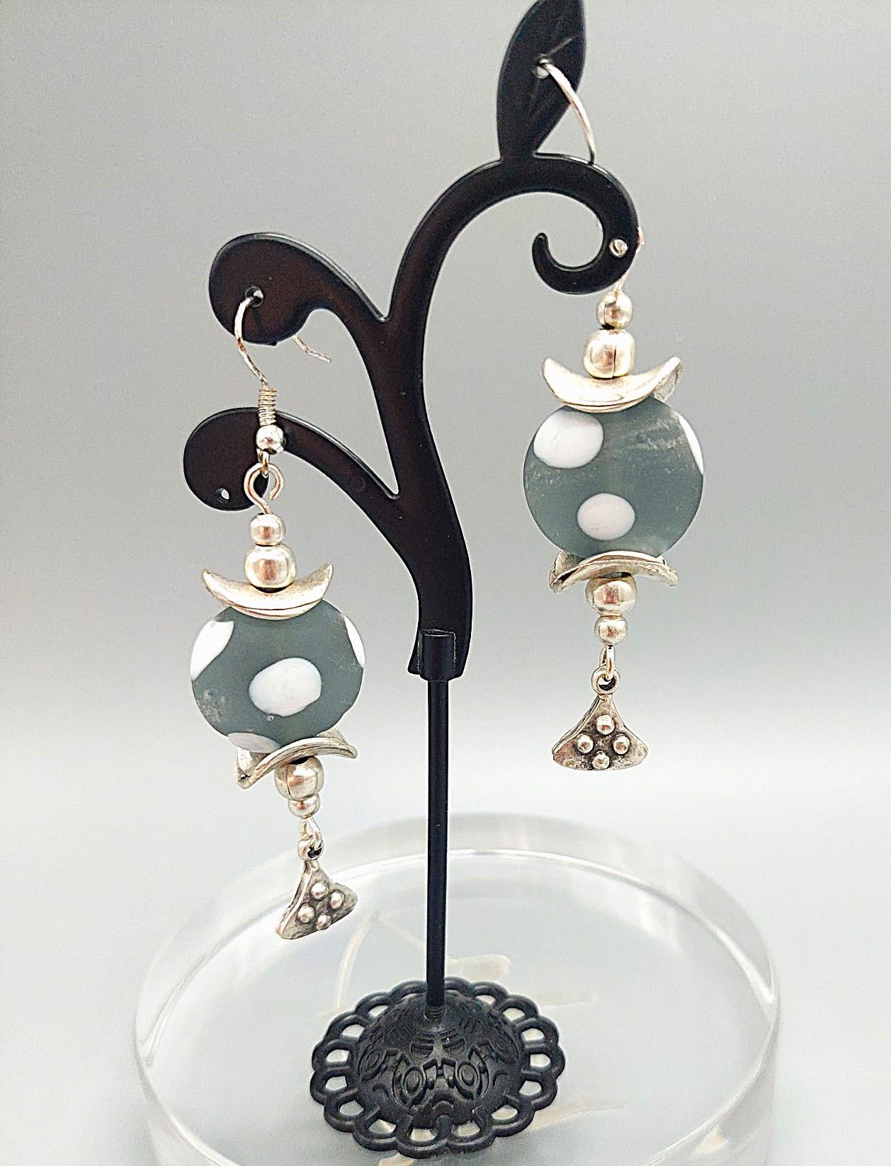 Gray and white swiss dotted glass earrings