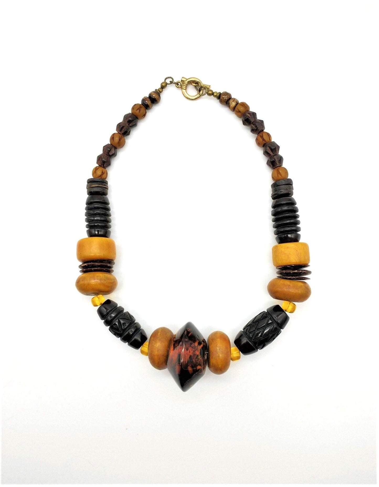 Ethnic Inspired Brown Chunky Carved Tibetan Bead Necklace