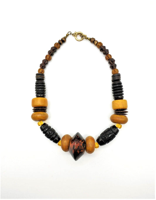 Ethnic Inspired Brown Chunky Carved Tibetan Bead Necklace