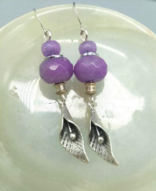 Dyed Lavender Jade Gemstone with Floral Zamak Drop Charm Earrings