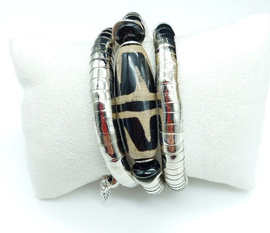 Black and white tribal inspired wrap bracelet;