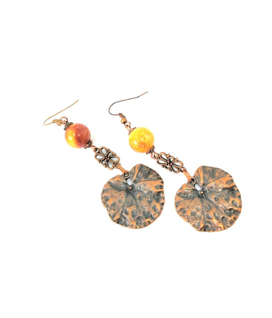 Copper leaf with Dyed New Jade Semiprecious Gemstone Earrings