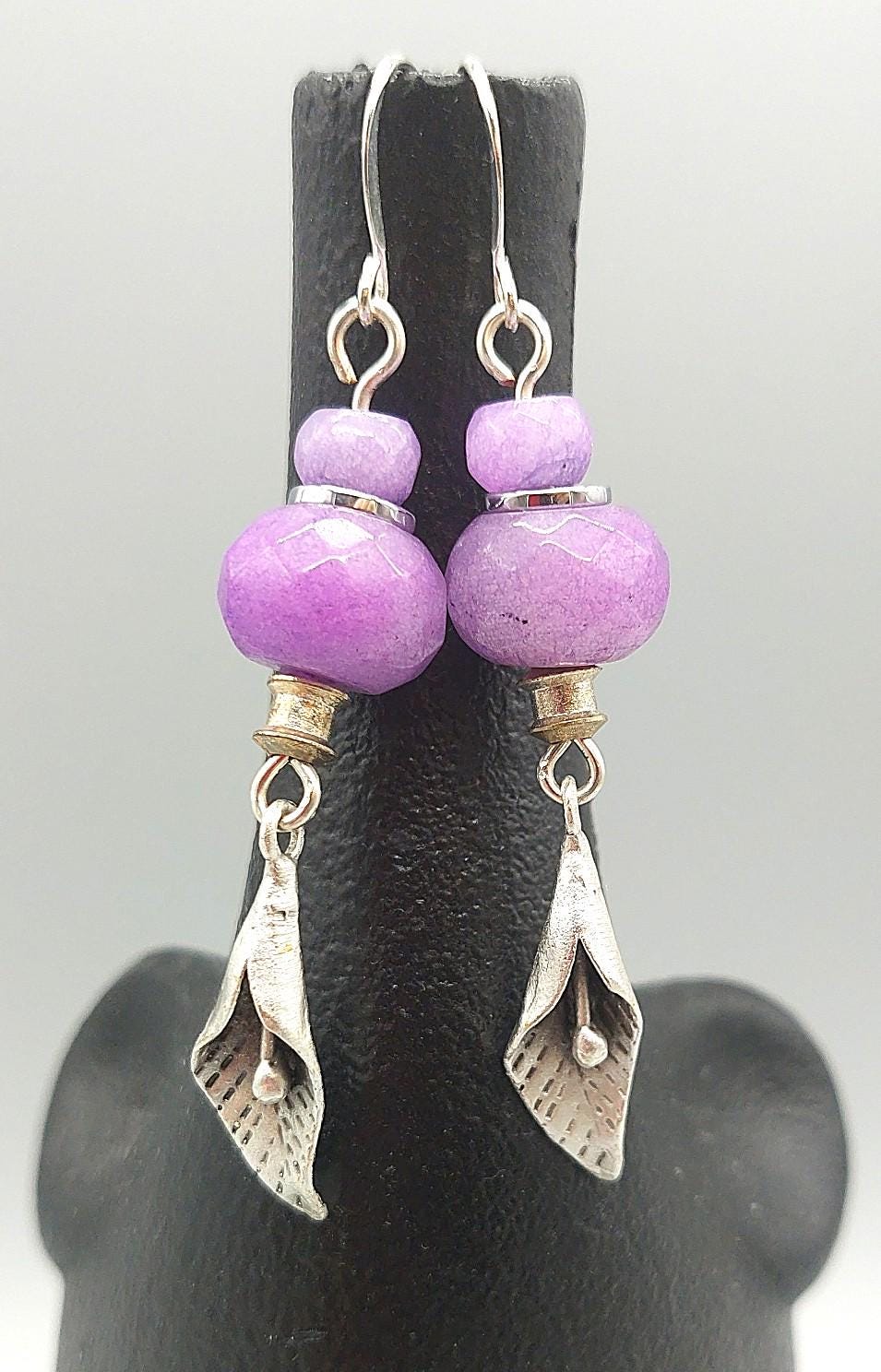 Dyed Lavender Jade Gemstone with Floral Zamak Drop Charm Earrings