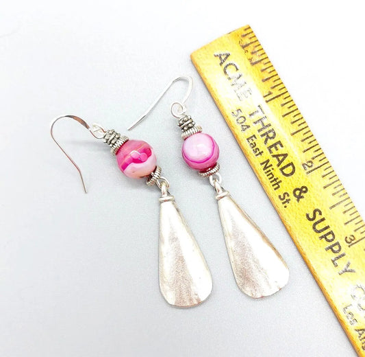 Banded pink agate with silver plated Zamak drop earrings
