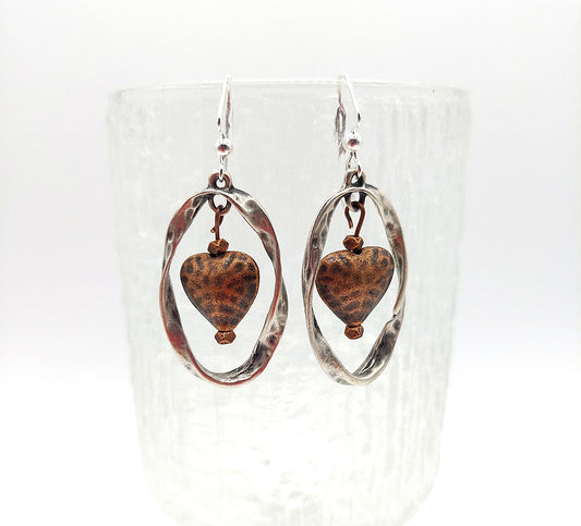 Turkish Silver (Zamac) Twisted Hoops with Antiqued Copper Hearts Earrings