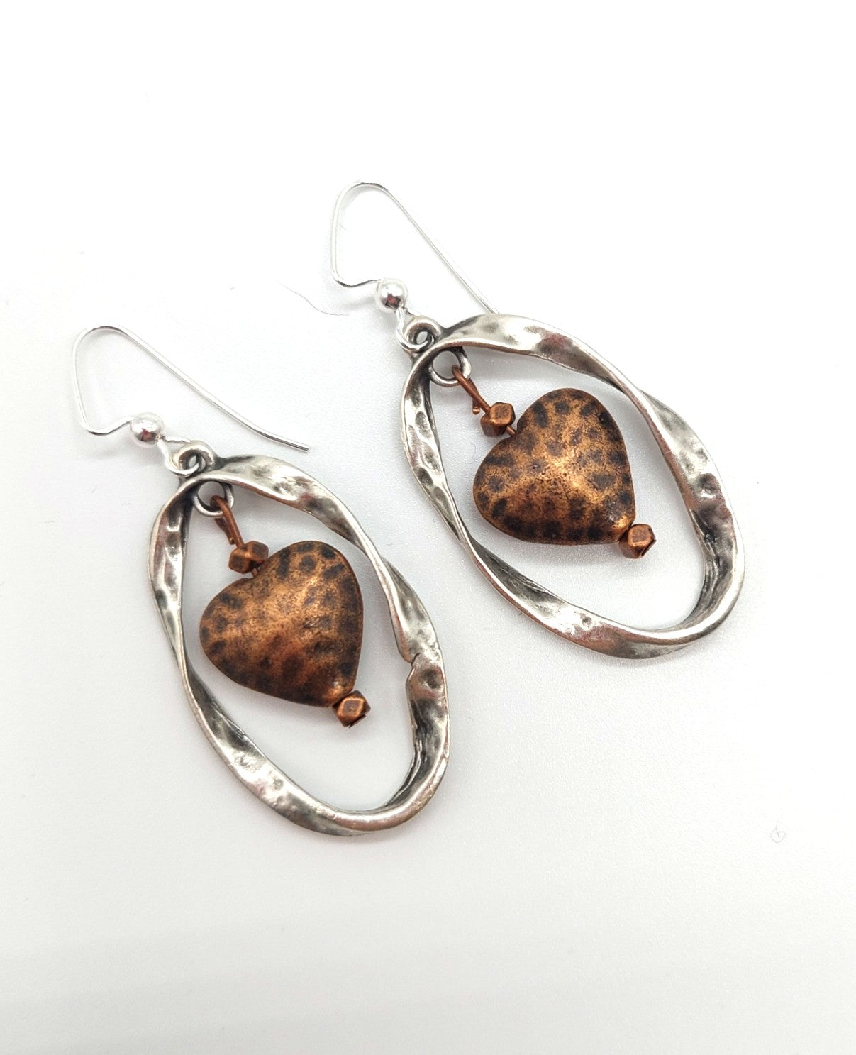 Turkish Silver (Zamac) Twisted Hoops with Antiqued Copper Hearts Earrings