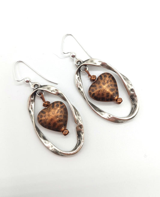 Turkish Silver (Zamac) Twisted Hoops with Antiqued Copper Hearts Earrings