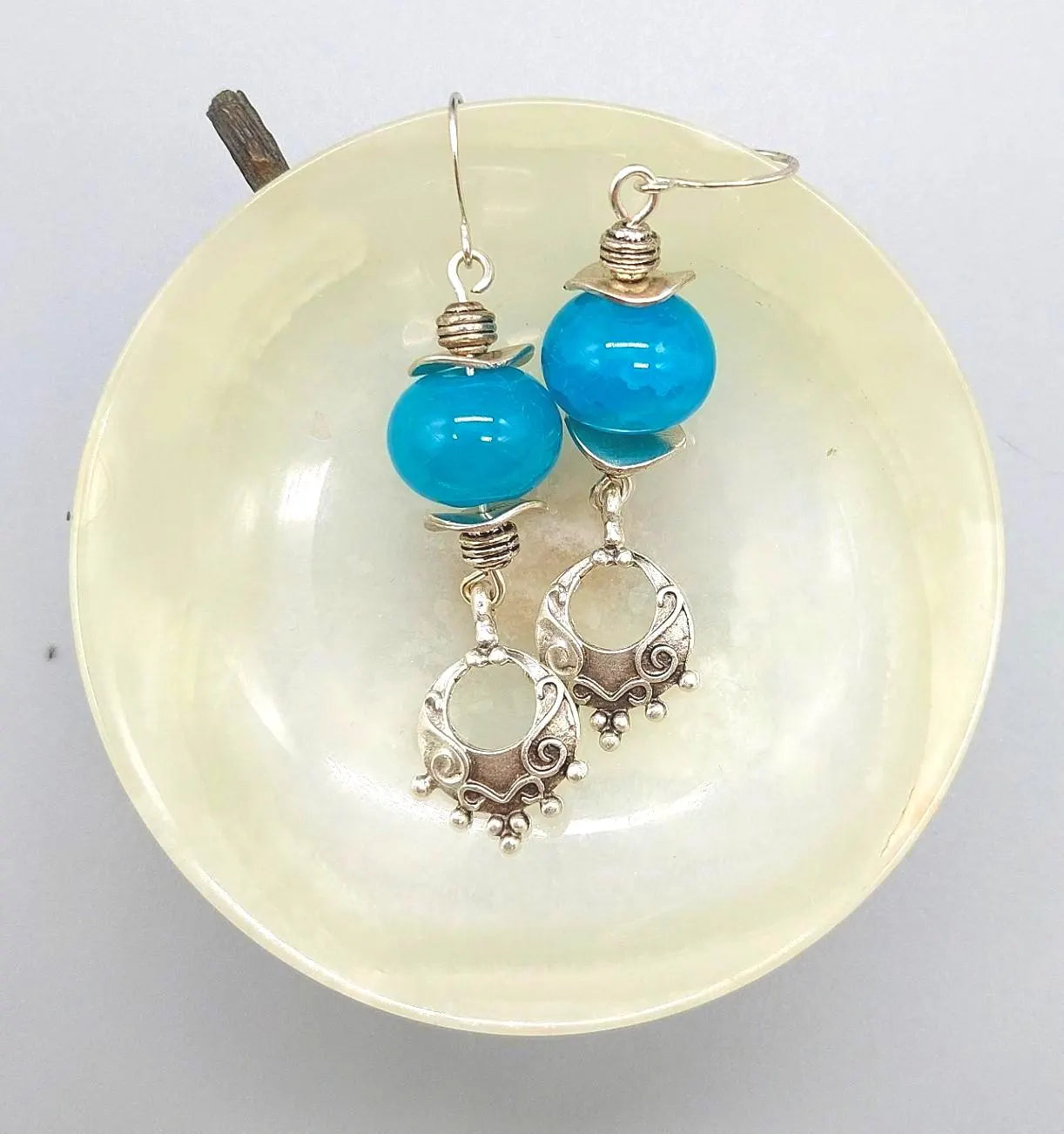 Turquoise Blue Bead Earrings with Ornate Silver Zamak Drops