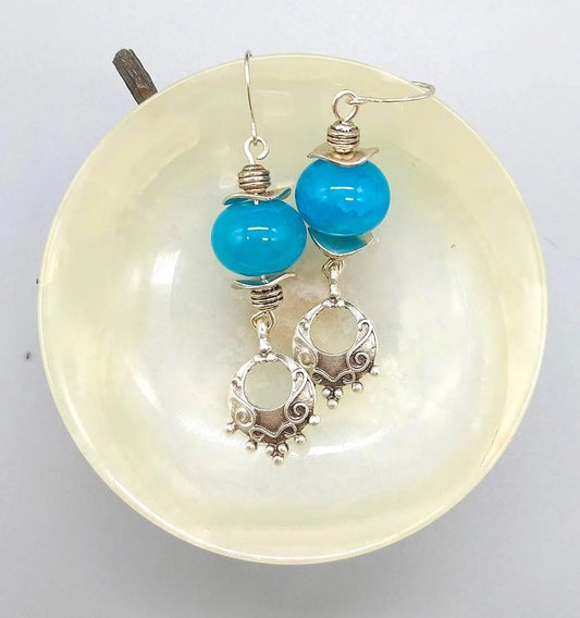 Turquoise Blue Bead Earrings with Ornate Silver Zamak Drops