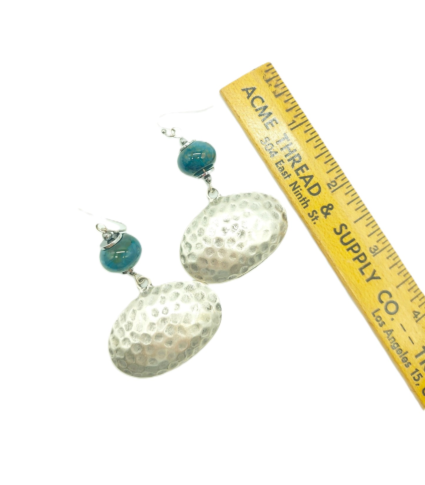 Hammered Zamak Silver Oval Dangle Earrings with Teal Agate Gemstone Beads